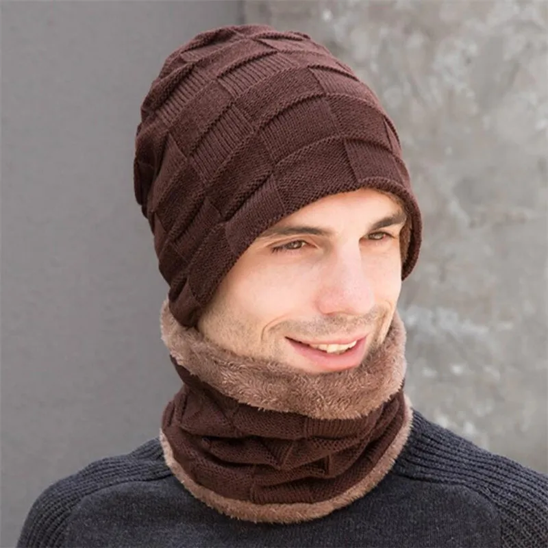 Зимняя шапка, шарф, перчатки для мужчин, набор из 3 предметов,, Мужская Уличная теплая вязаная плюшевая шапка, шарфы и перчатки для сенсорного экрана, мужские аксессуары