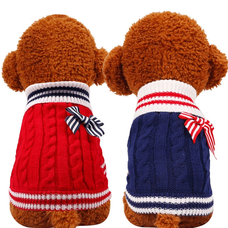 Bow-tie Pet Winter Dog Jumpper Sweaters Striped Navy Style Dogs Pullover For Small Dog Teddy Bomei Cat Clothing XXS XS S M L