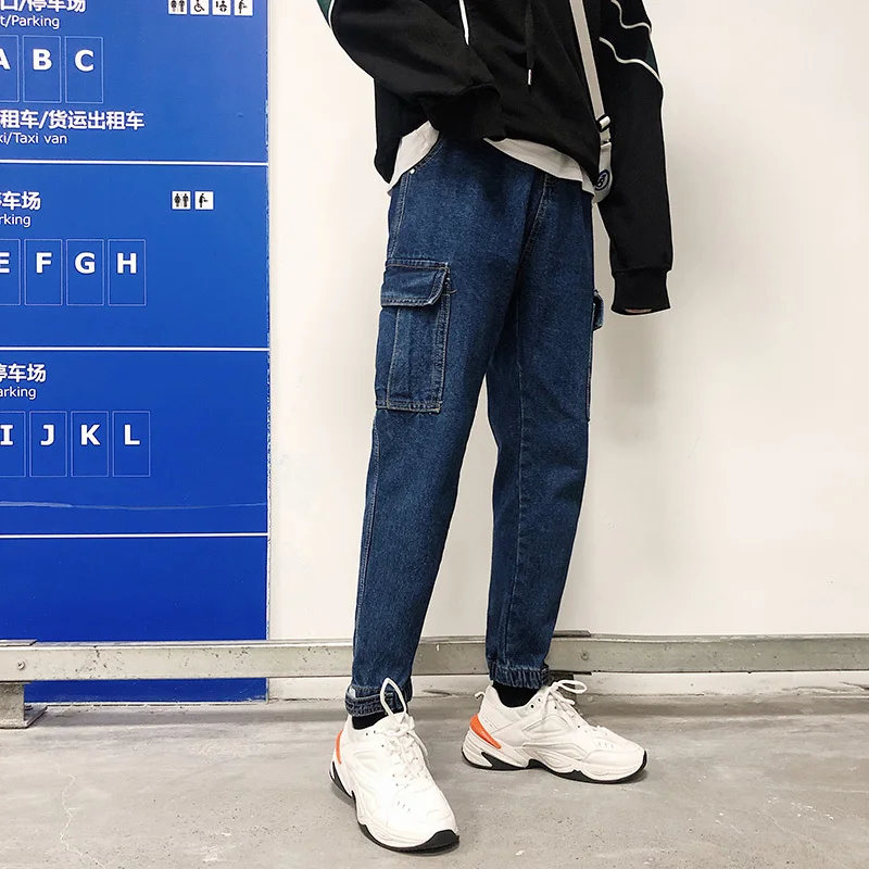 Autumn Jeans Men's Slim Fashion Embroidery Casual Jean Pants Men Streetwear Hip Hop Multi-pocket Tooling Denim Trousers Mens