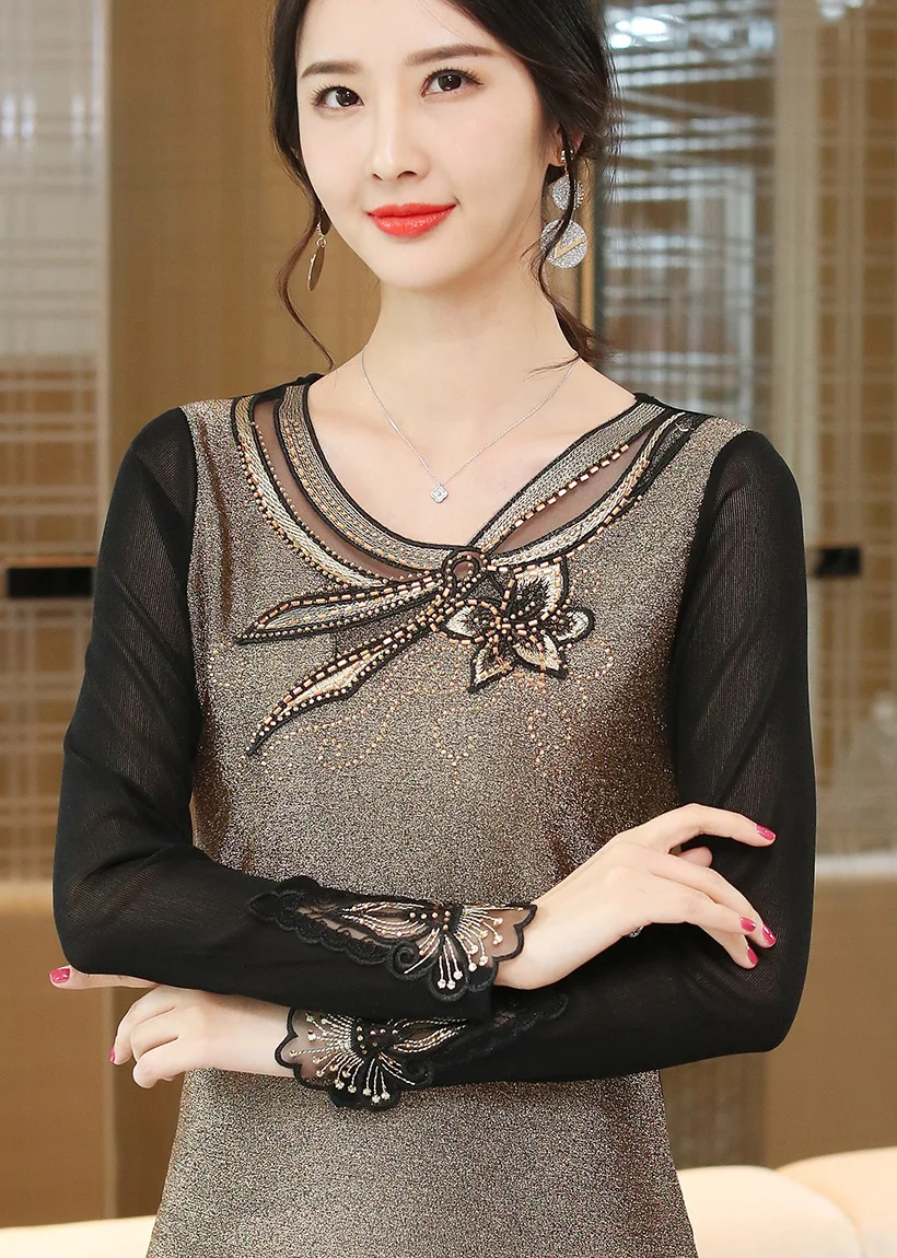 Blusas mujer de moda, осенне-зимняя блузка с длинными рукавами, Женские топы и рубашки, элегантная тонкая женская блузка с бриллиантами, большие размеры