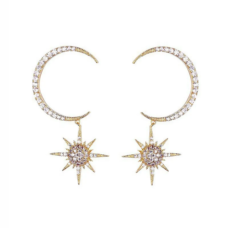 Новая чистая красная волна преувеличенные c-образные серьги в виде Луны и звезды, циркон микро-набор S925 Серебряные серьги иглы ювелирные изделия