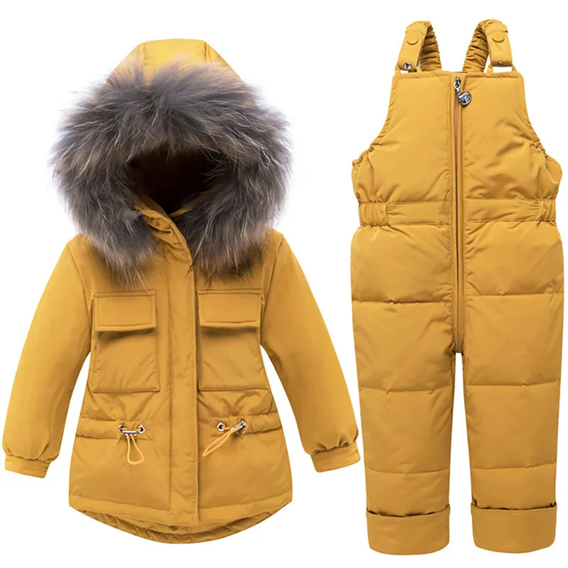 LONSANT/Коллекция года, зимний комплект одежды для маленьких мальчиков и девочек, теплый пуховик, пальто Зимний комбинезон, детская парка детская одежда с натуральным мехом лыжный комбинезон - Цвет: Цвет: желтый