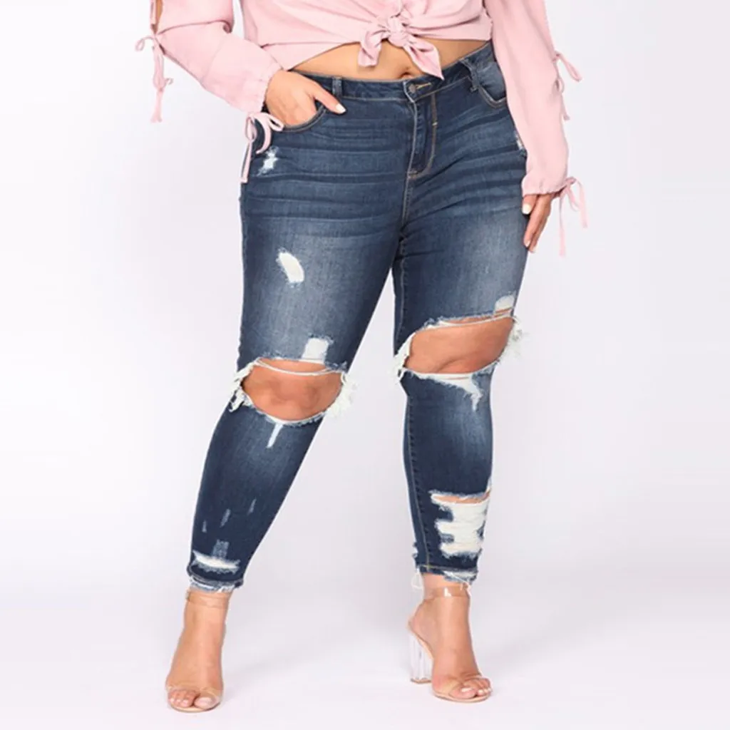 

Ripped Jeans for Women Plus Size Pocket Hole Denim Button Zipper Sexy Slim High Waist Pants Romacci Ripped Jeans Female Clothes