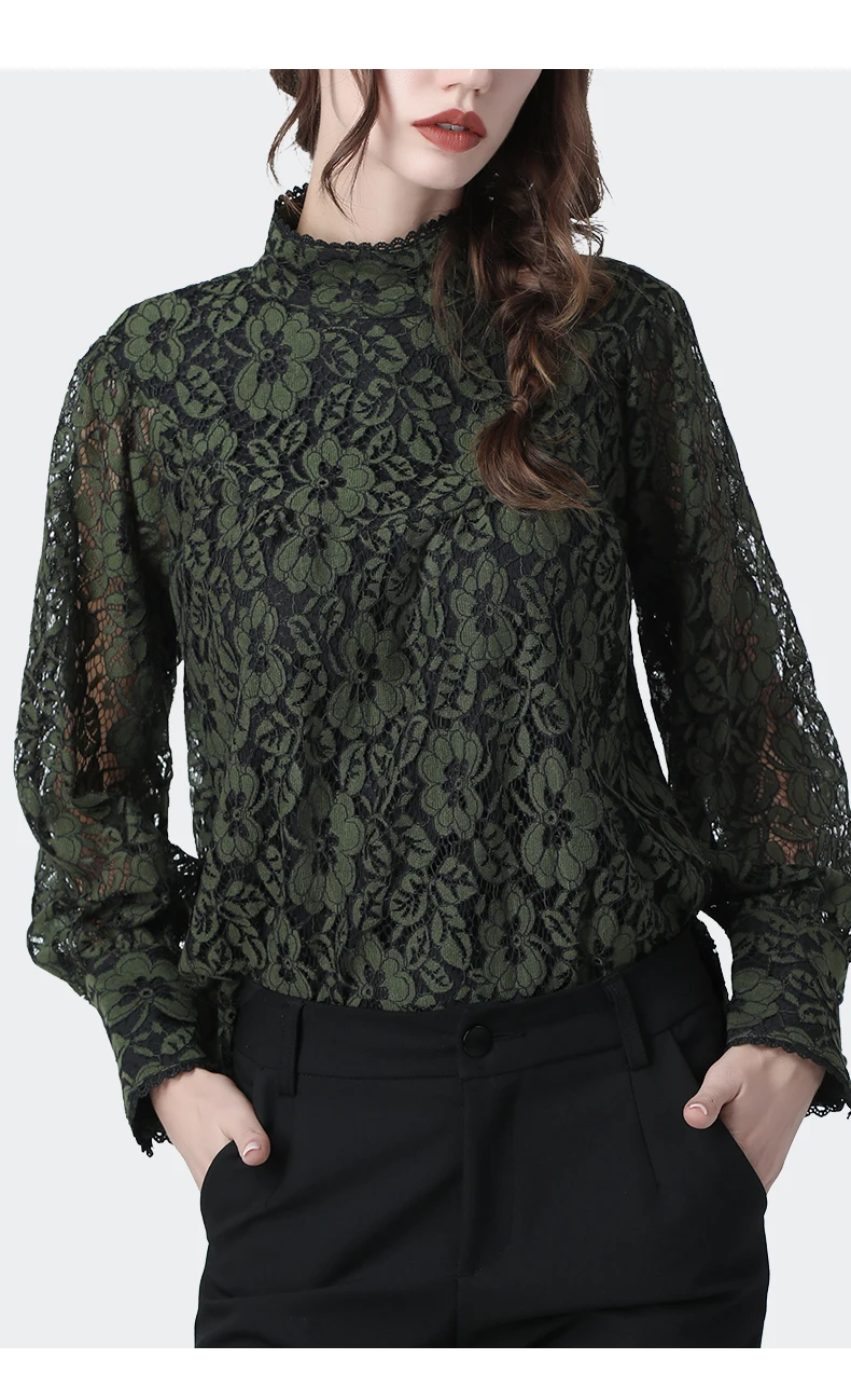 Женский кружевной топ винтажная блузка с цветочным принтом, с воротником-стойкой, осенне-зимние топы, свободные, большие размеры, модная повседневная одежда, повседневные блузки