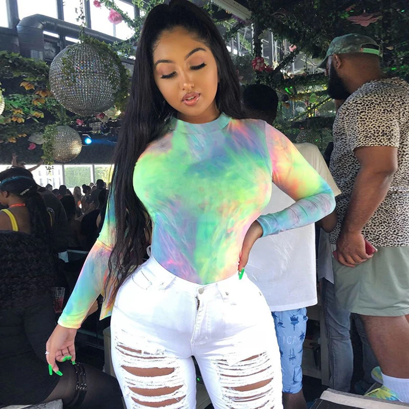 Модные облегающие боди с принтом Tie Dye, Осень-зима, новинка, женские Сексуальные облегающие Вечерние боди с длинным рукавом и круглым вырезом, уличная одежда