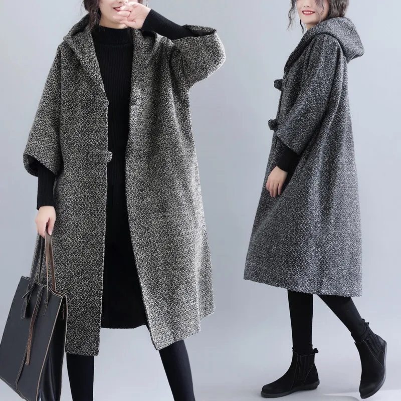 2020 Plus Size Women Clothing Winter Vintage Wool &amp Blends Coats Female Loose Overcoat Oversize Hooded Long Trench Coat XA293 | Женская
