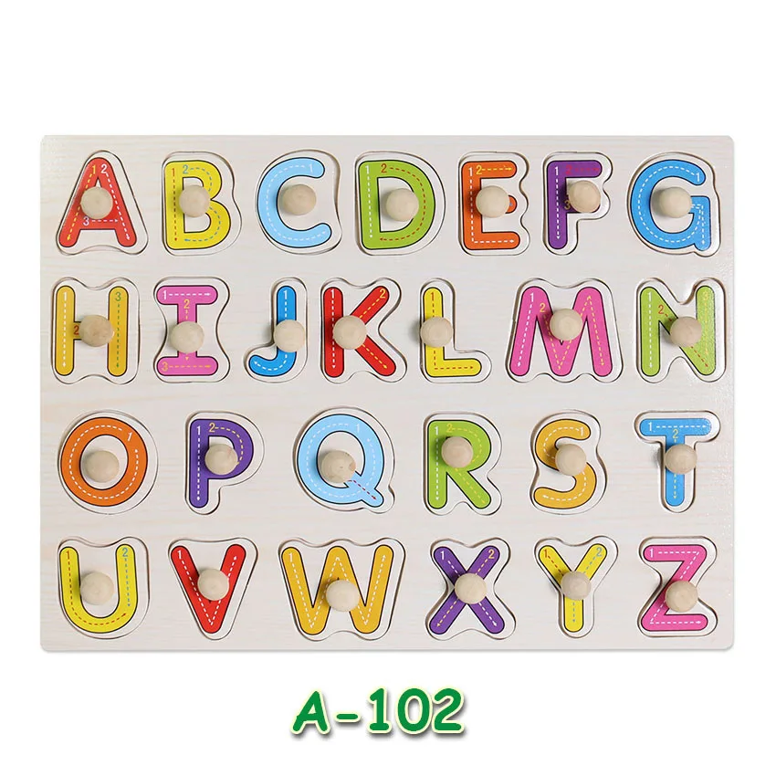 Горячая Распродажа, Детские Ранние развивающие игрушки, деревянная игрушка-головоломка с ручками, алфавит, Обучающие деревянные игрушки для детей - Цвет: A102