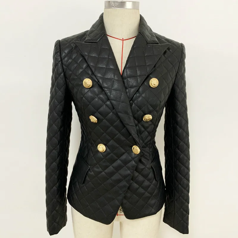 Черный Женский кожаный блейзер, двубортное приталенное пальто из искусственной кожи с бриллиантами, зимнее пальто, блейзер для женщин XXL - Цвет: Черный