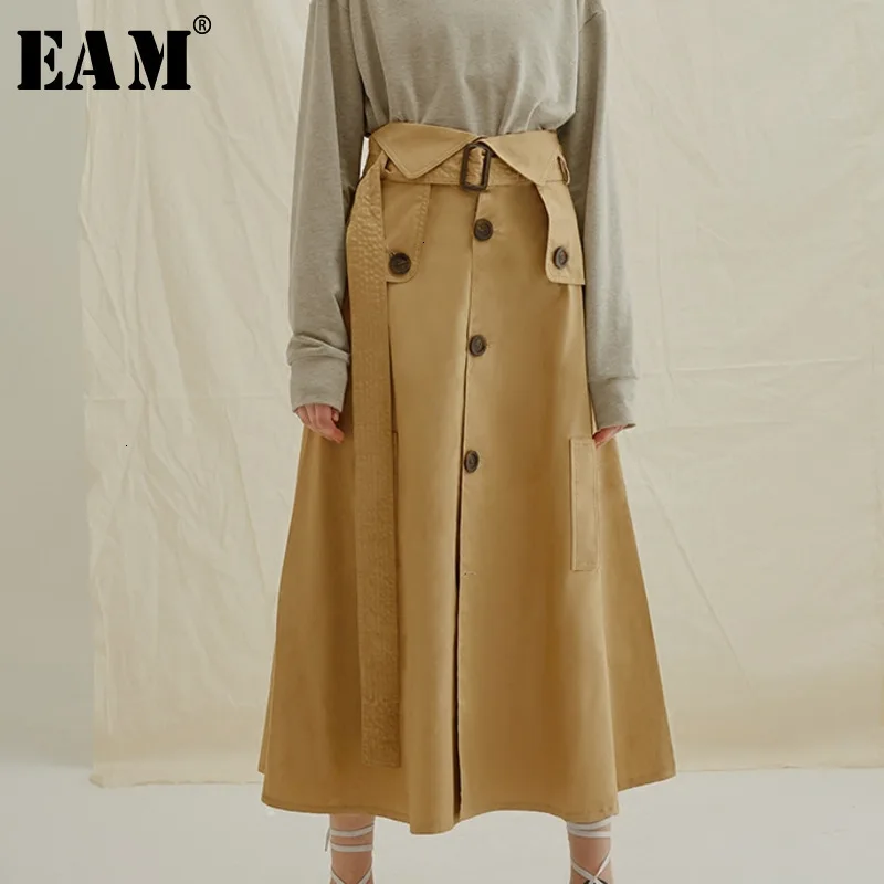 

[EAM] High Quality 2019 Spring Khaki Temperament High Waist Lace Up Single Breasted A-line Skirt Fashion Wild New Women's LA537