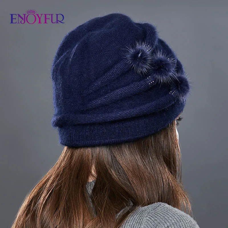 ENJOYFUR Women Winter Cashmere Knitted Hats Natural Mink Pompom Stripe Girl Bonnet Fashion Warm Female Outdoor New Brand Beanies 4