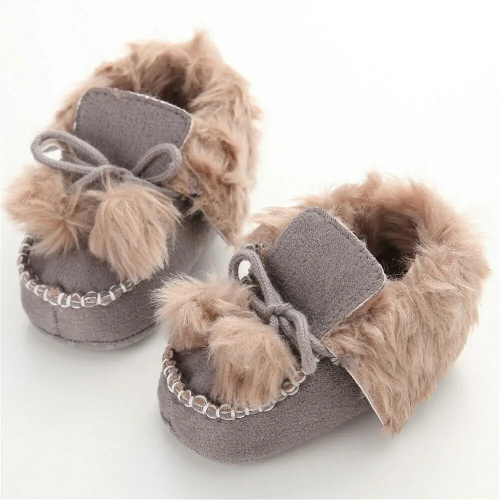 Милая детская обувь для маленьких мальчиков и девочек; теплая однотонная меховая обувь на мягкой подошве для младенцев; теплая хлопковая обувь - Цвет: Серый