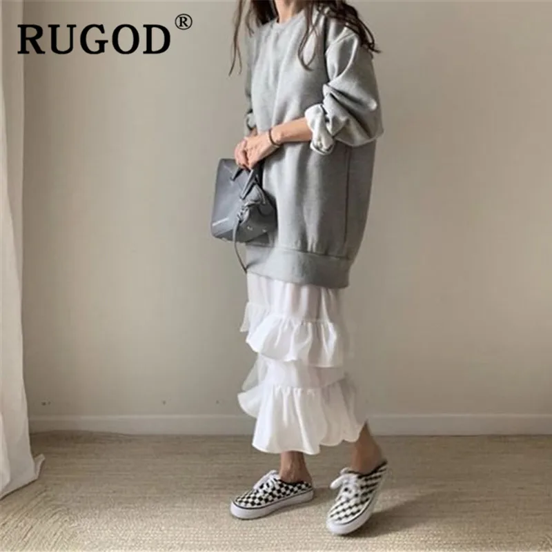 RUGOD, модное лоскутное утолщенное вельветовое женское платье, элегантное, с оборками, однотонное, с круглым вырезом, прямое платье для женщин,, зимнее теплое платье