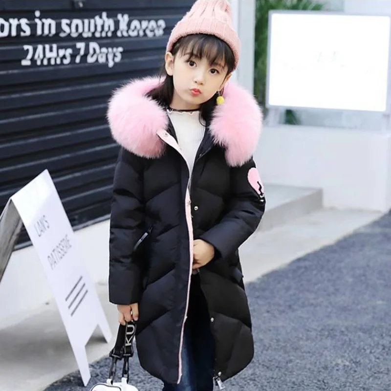 Хлопковое пальто для девочек г. Новая зимняя детская одежда хлопковая куртка теплая Толстая куртка с капюшоном и длинными рукавами с большим меховым воротником - Цвет: Black