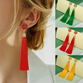 

New Fashion Bohemian Tassel Crystal Long Earrings White Red Silk Fabric Drop Dangle Tassel Earrings For Women Gift Jewelry 2020