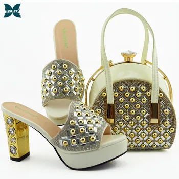 

White Color High Quality New Design African Women Shoes Matching Bag Set in Heels with Shinning Crystal for Royal Party