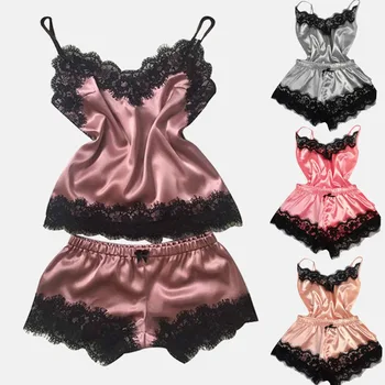 

Women's Sleepwear Sexy Satin Set Black Lace V-Neck Pyjamas Sleeveless Cute Cami Top and Shorts Pijama Mujer Algodon Veran