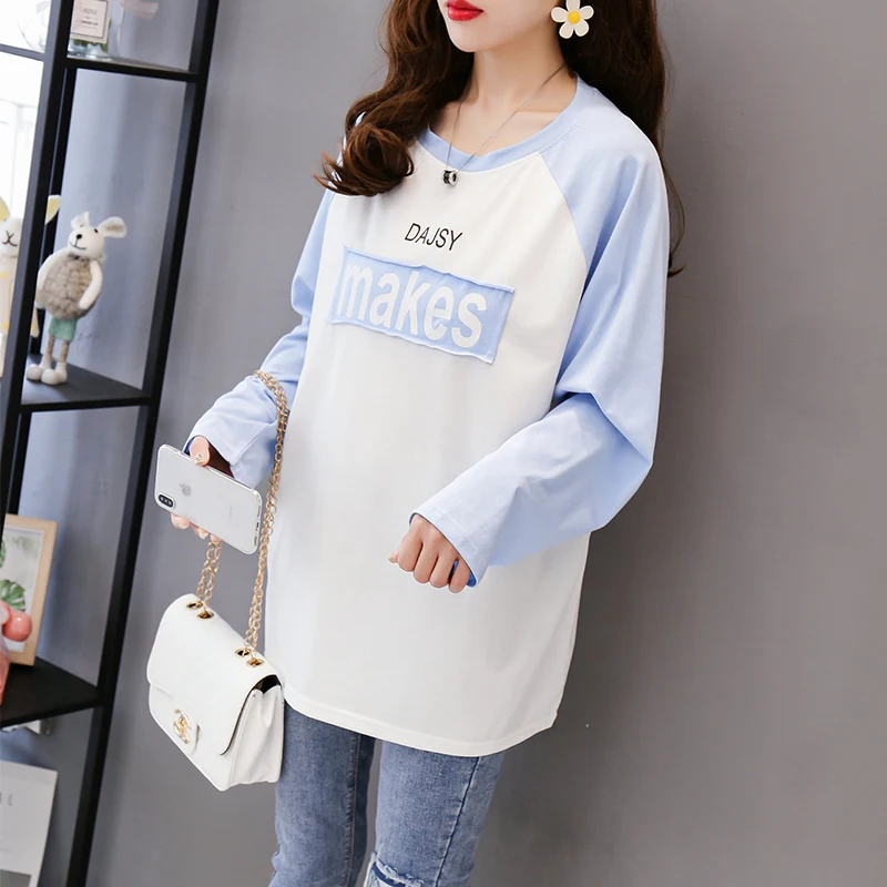 Синий Korean version of the loose long-sleeved T-shirt female early autumn outfit new long section stitching wild T-shirt top - Цвет: Синий
