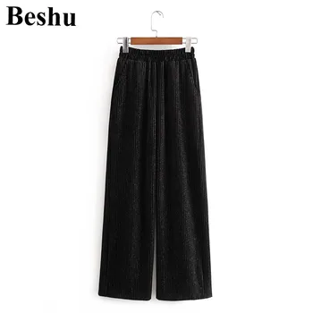 

za 2020 fashion pant women black silver wire corduroy vintage casual straight trouser female elastic high waist warm pants mujer