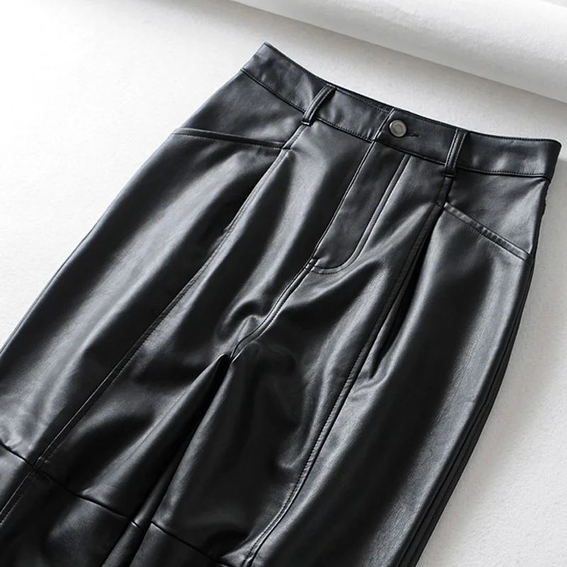 RR Faux Leather Safari Pants Women Fashion PU Leather Radish Trousers Women Elegant Pockets Pants Female Ladies JI