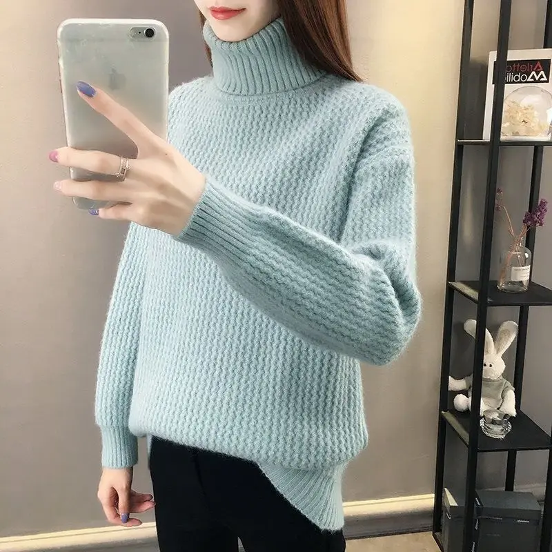 

2020 new thickened high neck sweater women's loose Korean autumn winter bottoming sweater solid color sweater