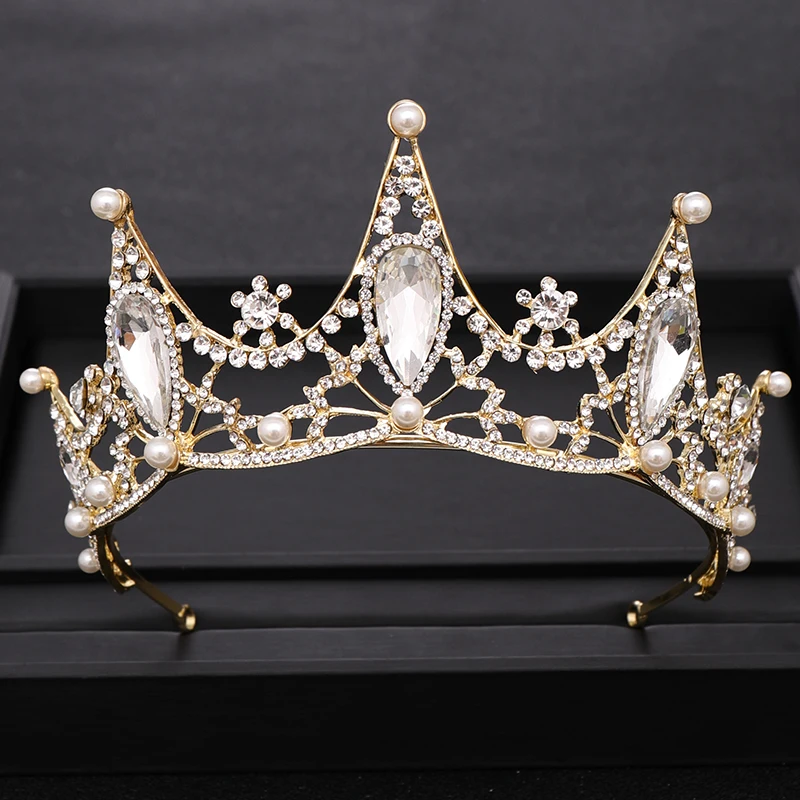 Vintage Rhinestone Baroque Crystal Gold Crown Pearl Wedding tiara Bridal Headpiece Head Jewelry Bridal Hair Accessories HG305