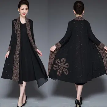 

Winter Elegant Mother occasional long dress retro printed Two pcs dress middle age Women Temperament party dress Plus size L-4XL