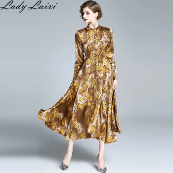 

Spring New Fashion Runway Designer Vintgae Snakeskin Printed Dress Women Stand Collar Long sleeve Dress Female Midi Dress