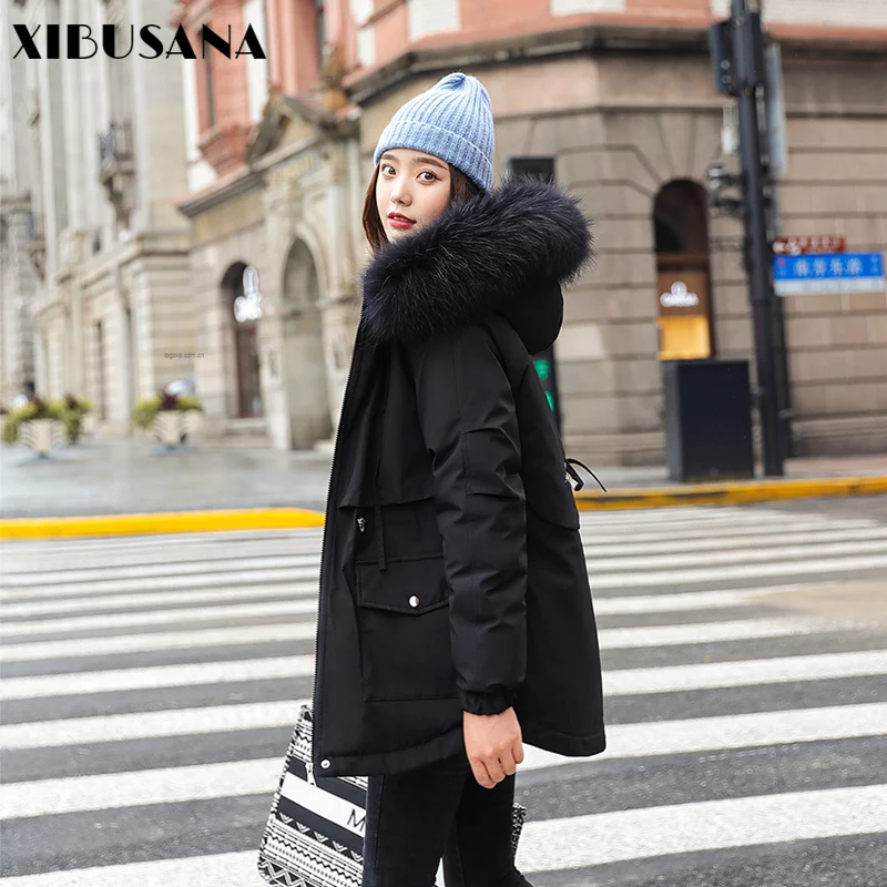 

XIBUSANA Winter Latest Down Jacket Loose Waist Slim Thin Mid-length Cotton Jacket Straight Hooded Jacket Pie To Overcome Women