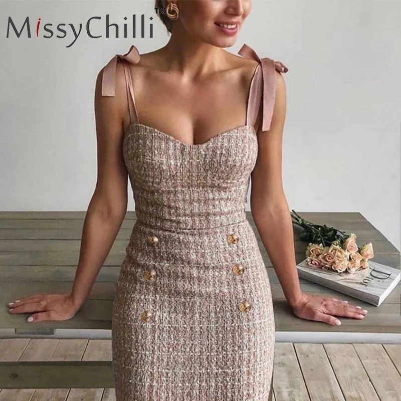 MissyChilli твидовое офисное платье на шнуровке розовое Элегантное облегающее летнее