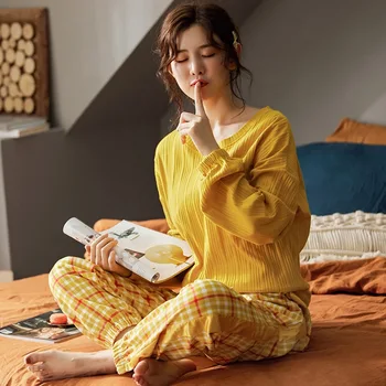 

Little Daisy Pajamas Women Spring Autumn Pure Cotton Long-sleeved Striped Plaid Patchwork Pajama Korean Cute Yellow Home Suit