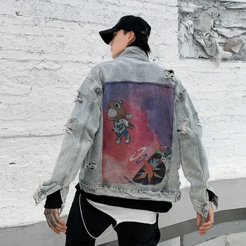 

Hole Cartoon Harajuku Mens Jeans Jacket Streetwear Oversize Loose Casual Windbreaker Bomber Jacket Hip Hop Single Breasted Coats