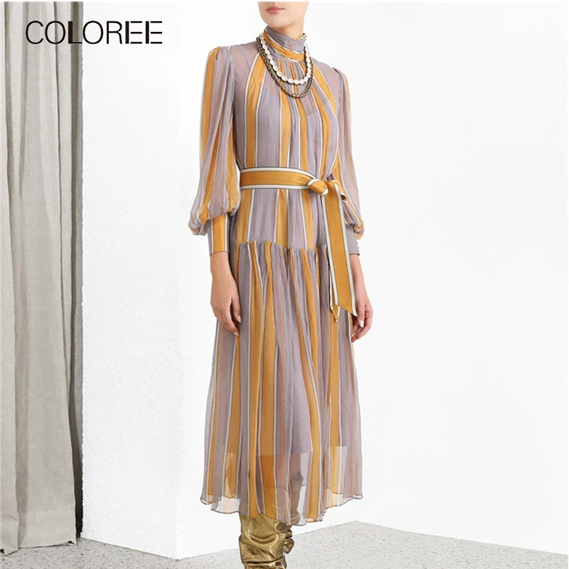 Осеннее винтажное дизайнерское платье для подиума женское с длинным рукавом полосатое Плиссированное шифоновое платье средней длины с поясом