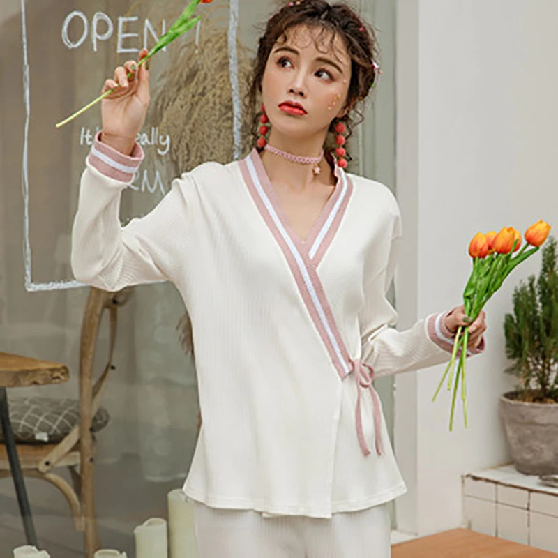 Long Sleeve Nightgown Top Trousers Pregnant Pajamas Set Thin Small Pit Strip Maternity Summer Tops Pregnancy Nightwear