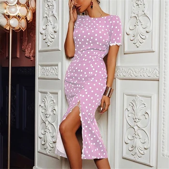 

Women Polka Dot Printed Pink Sweet Bodycon Dress Short Sleeve with Lace Patchwork Zipper Midi Length Elegant Office Robe Dresses