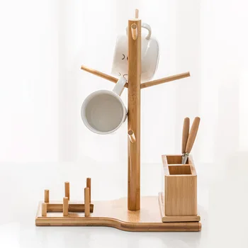 

6 Hooks Removable Tree Shape Coffee Tea Cup With Storage Box Display Stand Anti Slip Bamboo Mug Rack Dining Room Space Saving