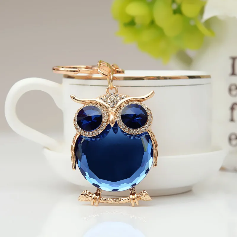 

2020 Creative cute Blue crystal owl Keychains Rhinestone alloy Key chain for women Bag Pendant car charm keyring Beautiful Gifts