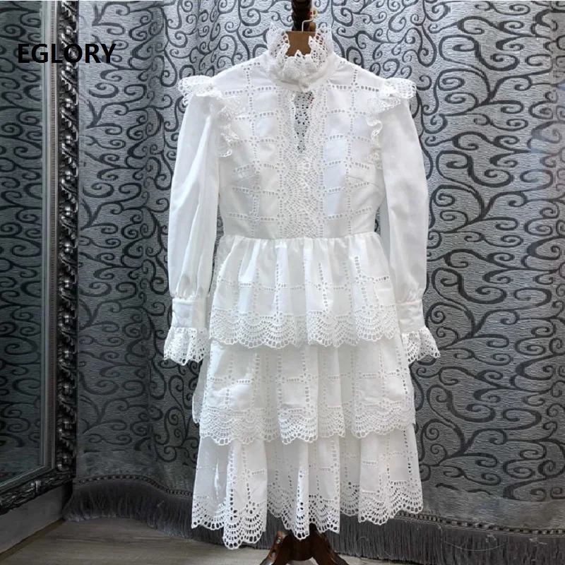 

Top Quality Dress 2019 Autumn Style Women Ruffled Collar Hollow Out Embroidery Cascading Ruffle Long Sleeve Party Vintage Dress
