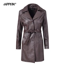 Осенне-зимнее женское пальто повседневное одноцветное длинное плотное пальто из искусственной кожи женское винтажное двубортное черное байкерское пальто