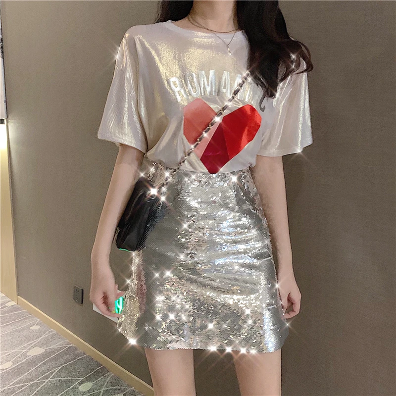 Spring Summer Skirts Women Korea Mini Hip Skirt Sequined Bling Pencil Skirt Chic High Waist Skirt Female for Party Club