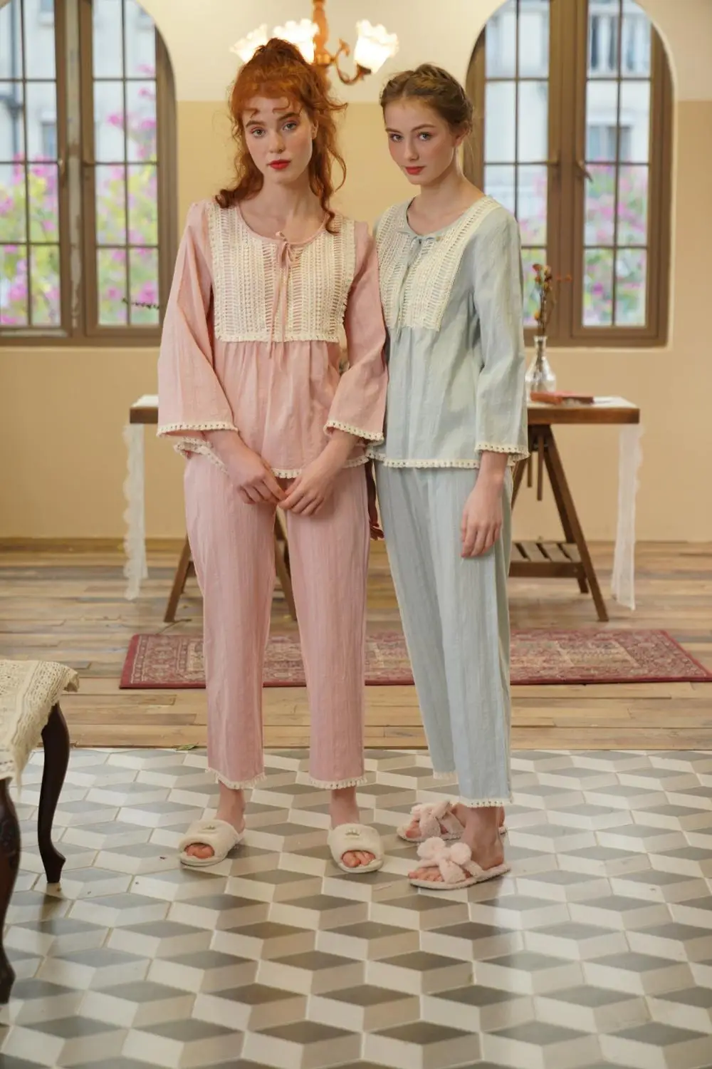 

Spring long sleeve trousers cotton solid color pajamas suit round collar court style home wear
