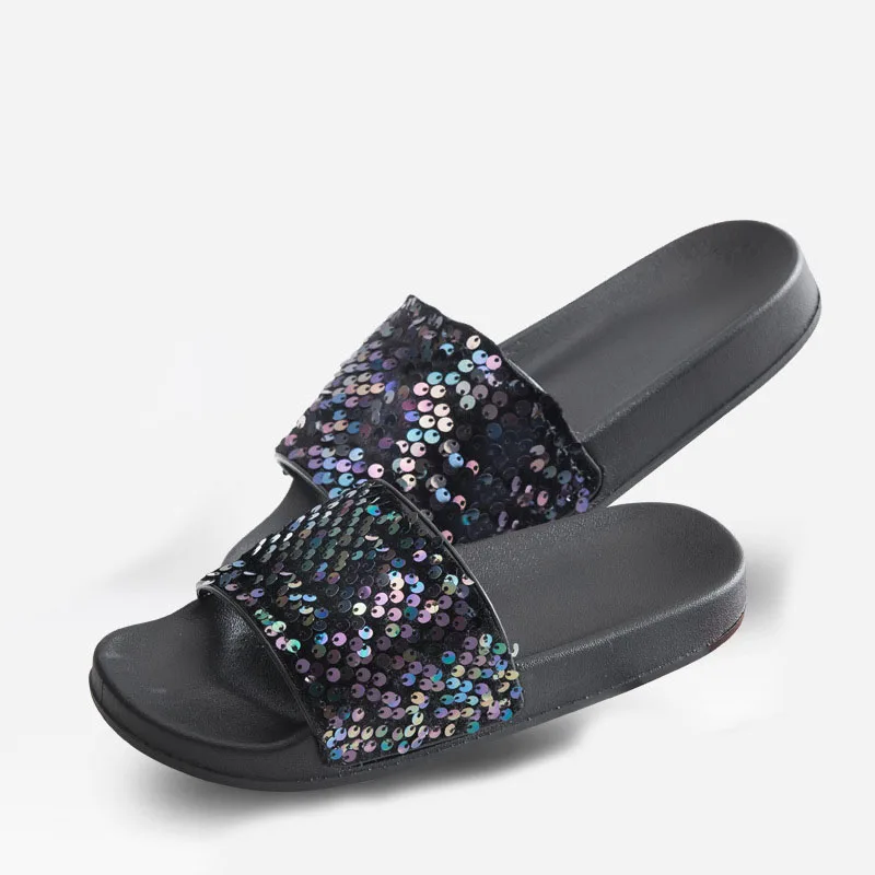 

New Women Crystal Rhinestone Sandals Non-slip Summer Sequin Slippers Indoor Outside Open Toe Flip Flops Black Lady Casual Shoes