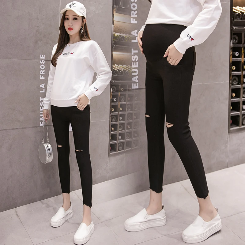 8172# 9/10 Stretch Cotton Ripped Hole Black Maternity Pants Autumn Fall Fashion Skinny Pants for Pregnant Women Belly Pregnancy