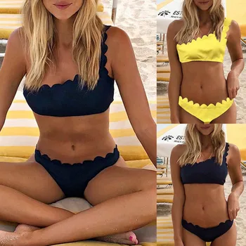

New One Shoulder Bikini Swimsuit 2019 Women Sexy Solid Color wave Push up Two Piece Swimsuit Bathing Suit Beachwear High Quality