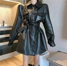 

2021 New Elegant Blouses Jacket Fashion Oversized Pu CoatWomen Punk PU Leather Jackets Gothic Long Sleeve Tops with Belt Female