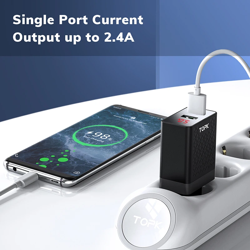 TOPK USB зарядное устройство 2 порта светодиодный цифровой дисплей смарт-зарядное устройство для мобильного телефона для iPhone samsung Xiaomi huawei настенный адаптер для путешествий