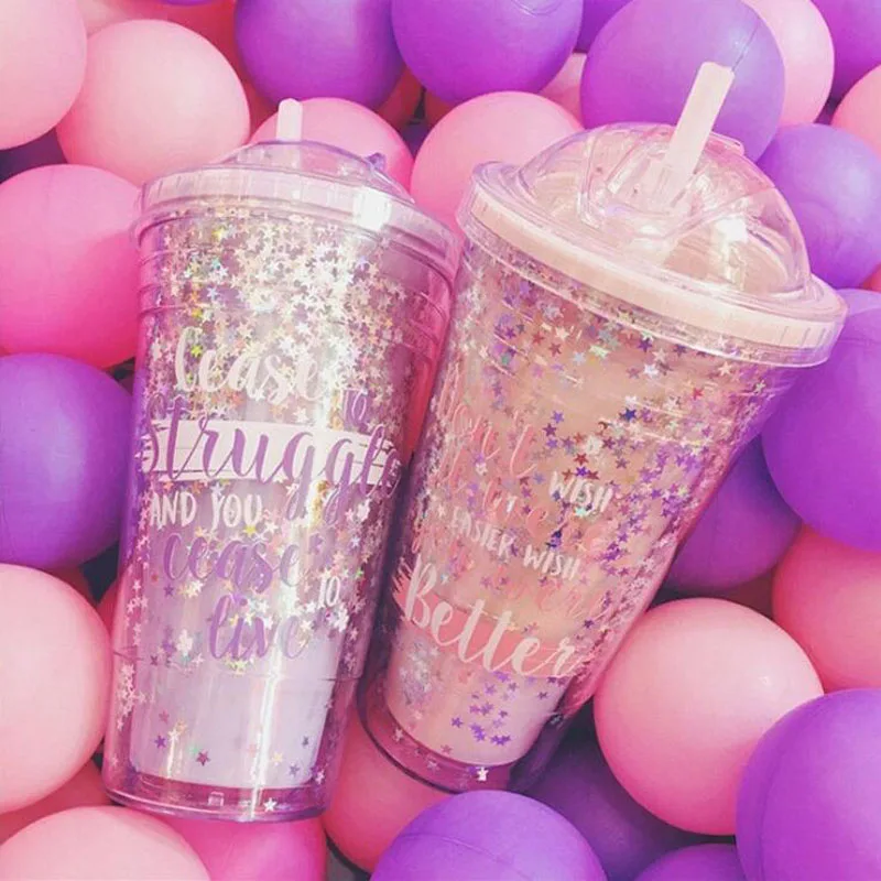 

Coffee Mugs Creative Sequin Star BPA Free Plastic Water Bottle With Straw Travel Portable Tea Milk Insulated Cup Drinkware 420ML