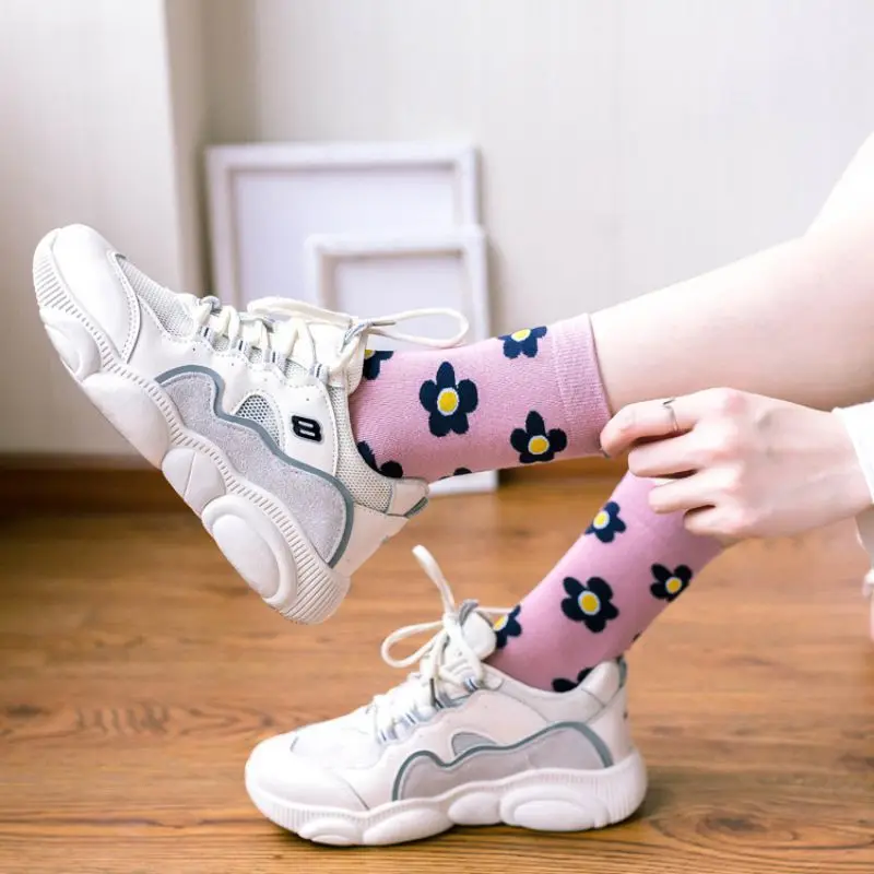 Милые жаккардовые носки с цветочным рисунком, женские милые носки до щиколотки Kawaii, Осенние мягкие кальцитовые носки