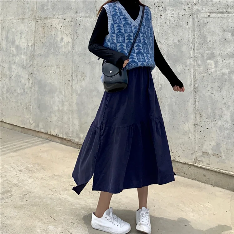 Navy Colorfaith женское осенне-зимнее вельветовое вечернее платье винтажное миди юбка до середины икры в Корейском стиле модная юбка SK3835 - Цвет: Navy
