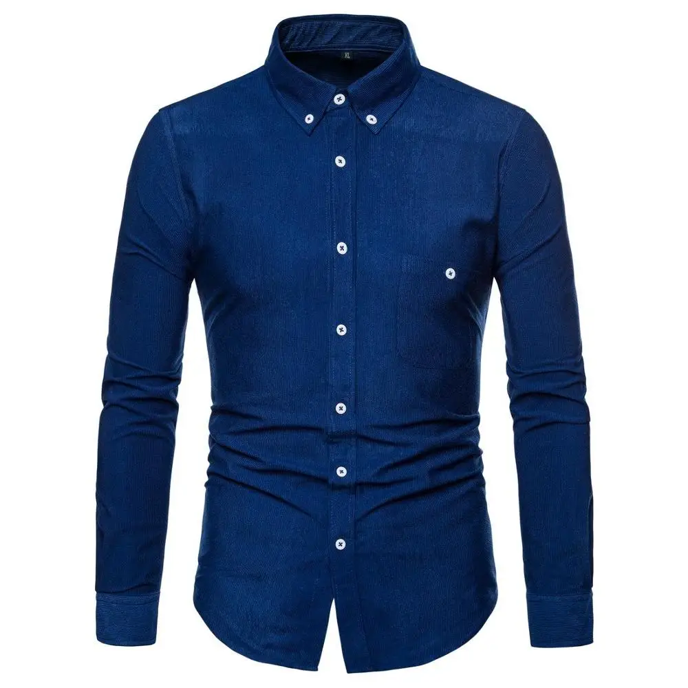 Denim Blue Новые рубашки осень вельветовый с длинным рукавом мужские однотонные Умные повседневные мужские рубашки без глажки Hombre европейский стиль - Цвет: Denim Blue