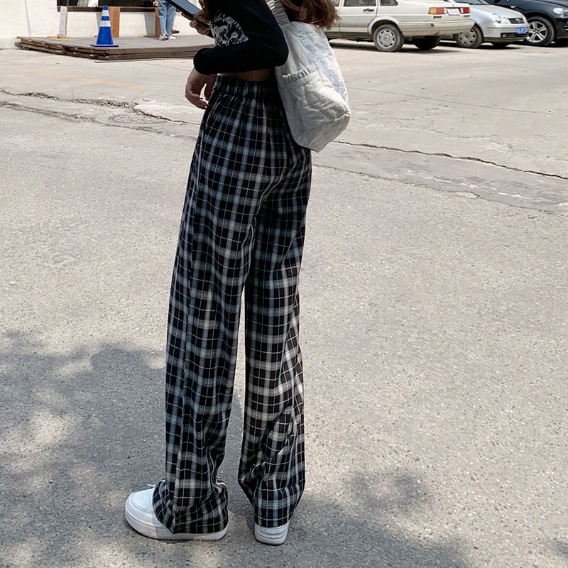 2021 Summer New Women Korean Fashion Y2k Baggy High Waist Plaid Pants With Elastic Band Wide Leg Lady Girls Boyfriend Trousers ksubi jeans